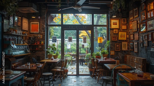 A cozy, well-decorated caf? interior with wooden furniture, large windows displaying a beautiful autumn day, filled with plants and vibrant wall art