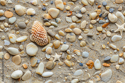 Up view photo of sand beach filled with different stones, pebbles and shells, natural background