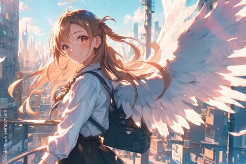 anime character posing for a photo in a city street, smiling with wings on her back, with long blonde hair and bangs, brown eyes, in the style of anime