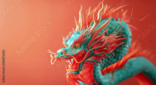 A red dragon dance head with an empty background and a gradient color from light pink to dark orange.  