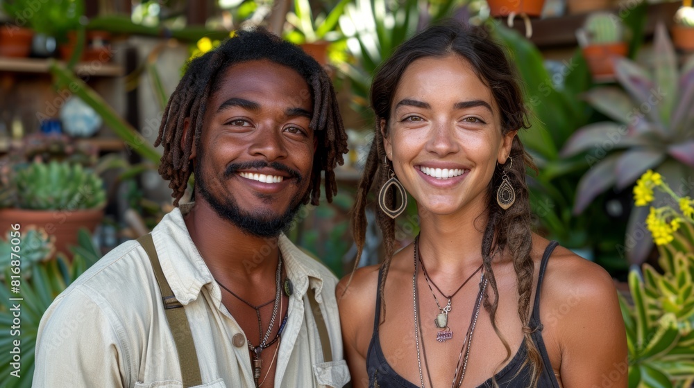 A cheerful couple smiling warmly, adorned in casual attire, standing joyfully amid a variety of vibrant plants and flowers in an outdoor garden setting A cheerful couple smiling warmly, adorned in casual attire, standing joyfully amid a variety of vibrant plants and flowers in an outdoor garden setting