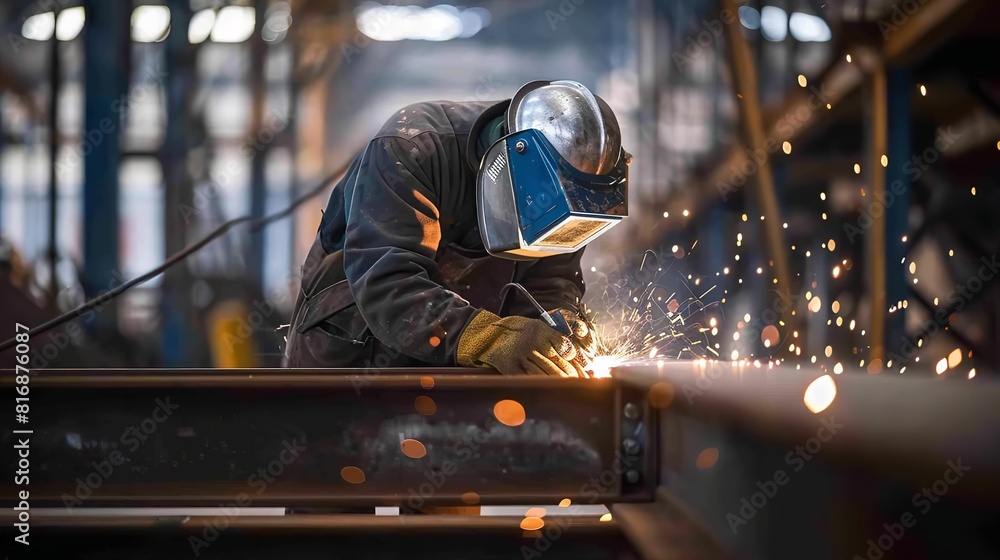 A welder is actively working on a piece of metal in a factory setting, sparks flying as they join the materials together A welder is actively working on a piece of metal in a factory setting, sparks flying as they join the materials together