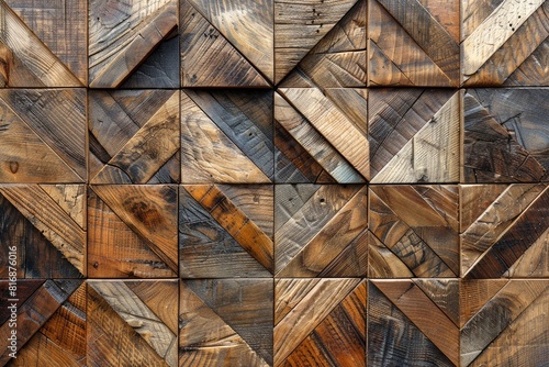 abstract wall of wooden tiles with a geometric pattern background wallpaper design images photo