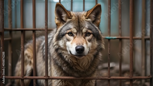 Stray homeless  in animal shelter cage. Sad abandoned hungry Wolf behind old rusty grid of the cage in shelter for homeless animals. Wolf adoption  rescue  help for pets