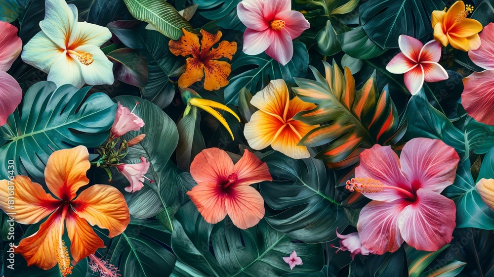 Tropical flowers and leaves pattern. Botanical illustration. Tropical flowers and leaves pattern. Botanical illustration.