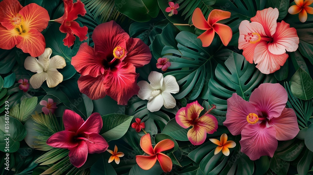 Tropical flowers and leaves pattern. Botanical illustration. Tropical flowers and leaves pattern. Botanical illustration.