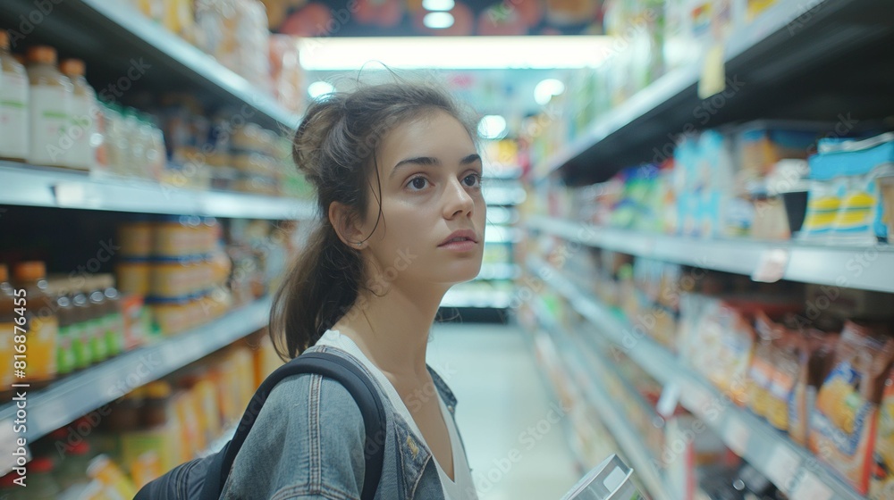 Young woman shopping in supermarket aisle.