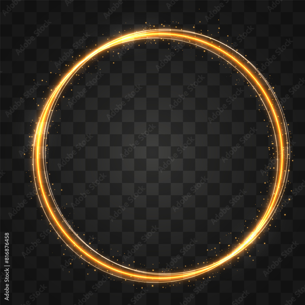 Gold circles frame with glitter light effect. A golden flash flies in a circle in a luminous ring. Gold circles frame with glitter light effect. A golden flash flies in a circle in a luminous ring.