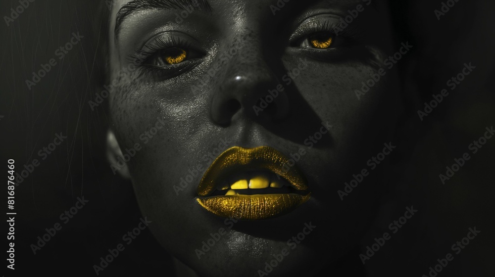 Close-up portrait of woman with glowing yellow eyes and dark makeup. Close-up portrait of woman with glowing yellow eyes and dark makeup.