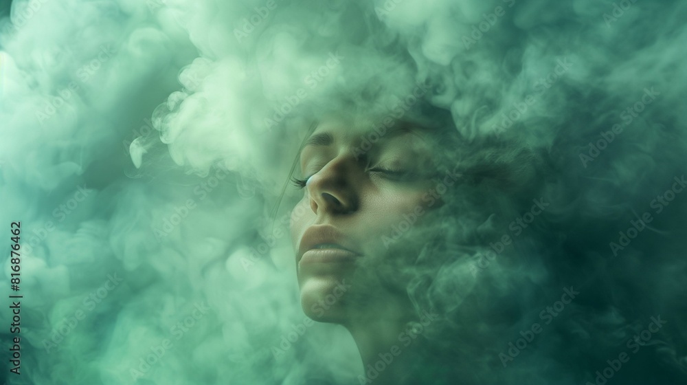Close-up portrait of woman surrounded by green mist.
