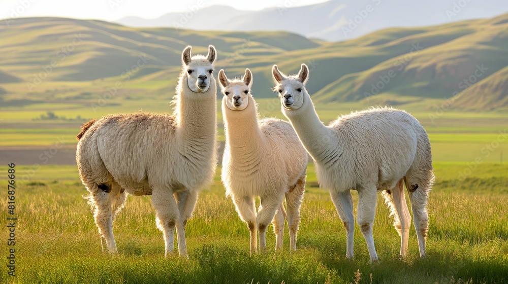 Fototapeta premium Three white llamas standing together in a lush green field, with soft, golden sunlight illuminating their fur.