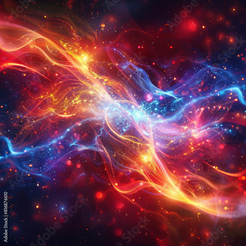 Abstract visualization of quantum physics with swirling particle waves and dynamic energy fields  vibrant colors Blue against a deep red background. Created Using  dynamic particle waves  energy