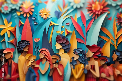Diverse crowd in paper cut out style  rich colors  lively atmosphere