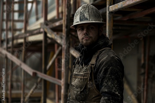 Portrait of a focused construction worker with a hard hat amidst scaffolding