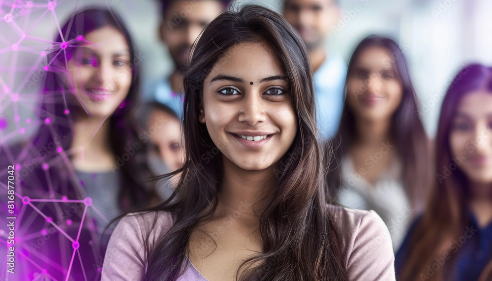 Fototapeta premium Smiling indian woman standing with group