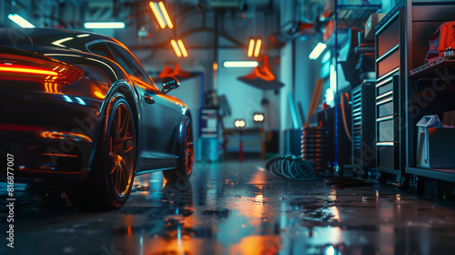 A sleek, modern sports car is parked in a professional auto repair shop illuminated by neon lights, reflecting a high-tech and futuristic atmosphere.