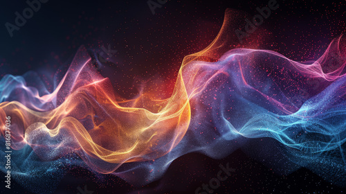Abstract visualization of quantum physics with swirling particle waves and dynamic energy fields, vibrant colors Blue against a deep red background. Created Using: dynamic particle waves, energy © Yotsaran