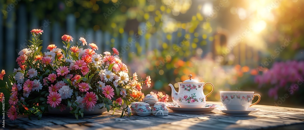 A beautiful summer day in the garden with a table set for tea. There are flowers in a vase, a teapot, and two teacups. A beautiful summer day in the garden with a table set for tea. There are flowers in a vase, a teapot, and two teacups.