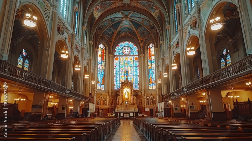 A breathtaking view of a grand cathedral's intricate stained glass windows, ornate altar, and majestic architectural design that captures both history and reverence