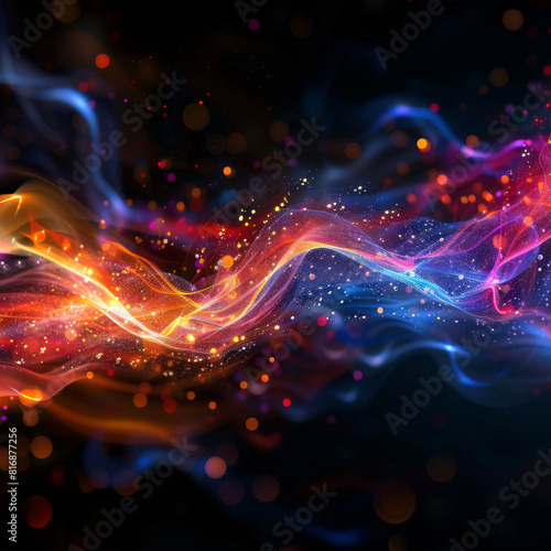 Abstract visualization of quantum physics with swirling particle waves and dynamic energy fields  vibrant colors Blue against a deep red background. Created Using  dynamic particle waves  energy