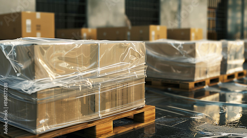 Stacked cardboard boxes wrapped in plastic film on wooden pallets in an outdoor storage area, likely a warehouse or shipping facility. photo