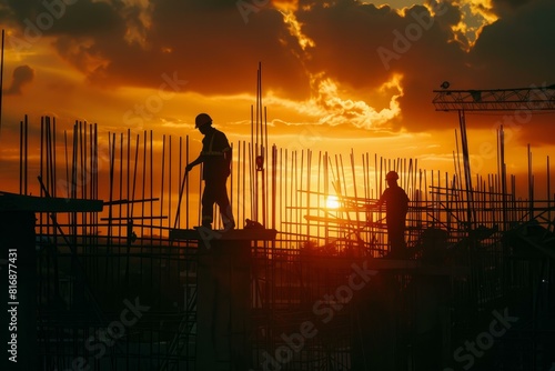 Construction workers silhouetted against the orange dusk sky at the building site during the golden hour of the evening