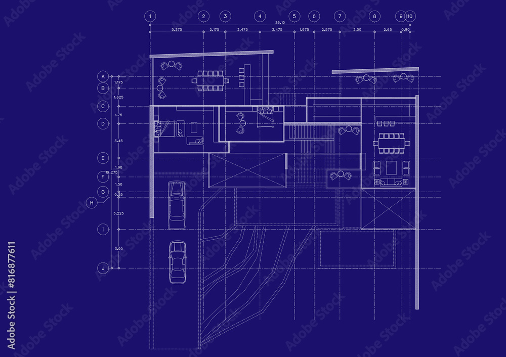 Floor plan designed building on the drawing. Floor plan designed building on the drawing.