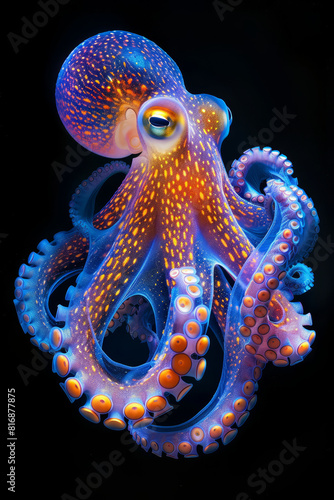 A squid glows with an iridescent sheen, its fins undulating in a mesmerizing dance against the stark contrast of the deep blue sea.