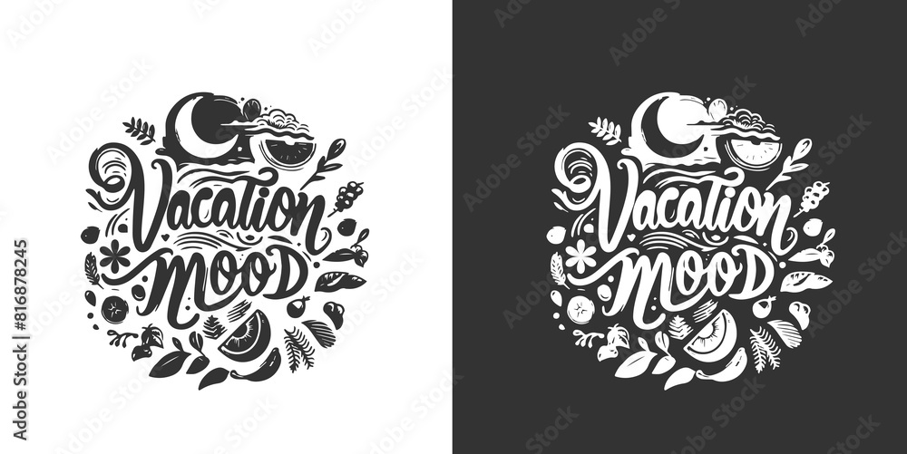 Vacation Mood Hand drawn lettering card. The inscription: Vacation mood. Perfect design for greeting cards, posters, T-shirts, banners, and print invitations. Vacation Mood Hand drawn lettering card. The inscription: Vacation mood. Perfect design for greeting cards, posters, T-shirts, banners, and print invitations.