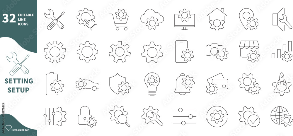Setting and setup icon. Set of gear, protection, phone icons. Setting and setup icon. Set of gear, protection, phone icons.