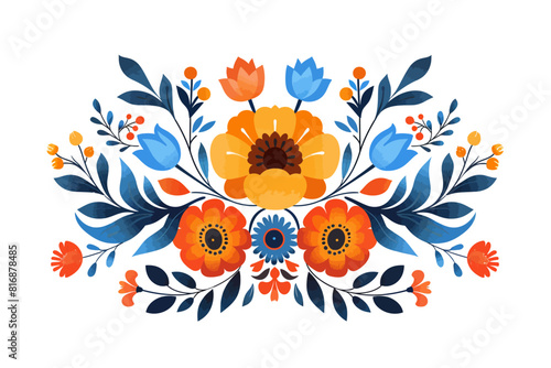 vibrant and intricate folk art floral design featuring an array of orange, blue, and yellow flowers. This symmetrical composition showcases blooming flowers, leaves, and berries,