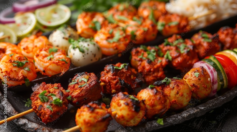 Deliciously Grilled Skewers Featuring Juicy Shrimp, Marinated Chicken, and Colorful Vegetables Perfectly Cooked on a Charcoal Grill for a Sumptuous Meal Deliciously Grilled Skewers Featuring Juicy Shrimp, Marinated Chicken, and Colorful Vegetables Perfectly Cooked on a Charcoal Grill for a Sumptuous Meal