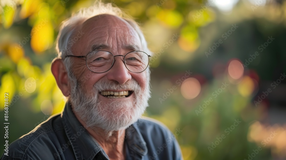 happy smiling old aged senior man wearing glasses in outdoor park blurred background happy smiling old aged senior man wearing glasses in outdoor park blurred background