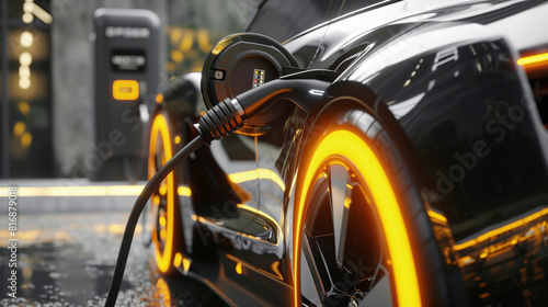 A sleek, modern electric car is being charged at a charging station. The car's design features illuminated wheel accents, and the scene has a futuristic vibe.
