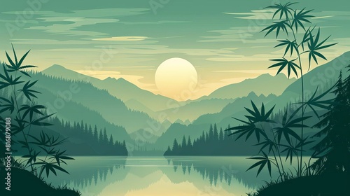 Create a promotional poster for a cannabis wellness retreat  using flat design to depict the serene and therapeutic environment