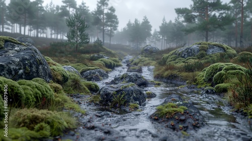 A serene forest scene featuring a meandering stream surrounded by moss-covered rocks and a misty atmosphere  capturing the tranquil essence of nature in its untouched beauty