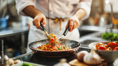 Chef cooking a colorful vegetable stir-fry in a professional kitchen, using tongs to stir ingredients in a hot pan. Fresh tomatoes and garlic are in the foreground. © Natalia