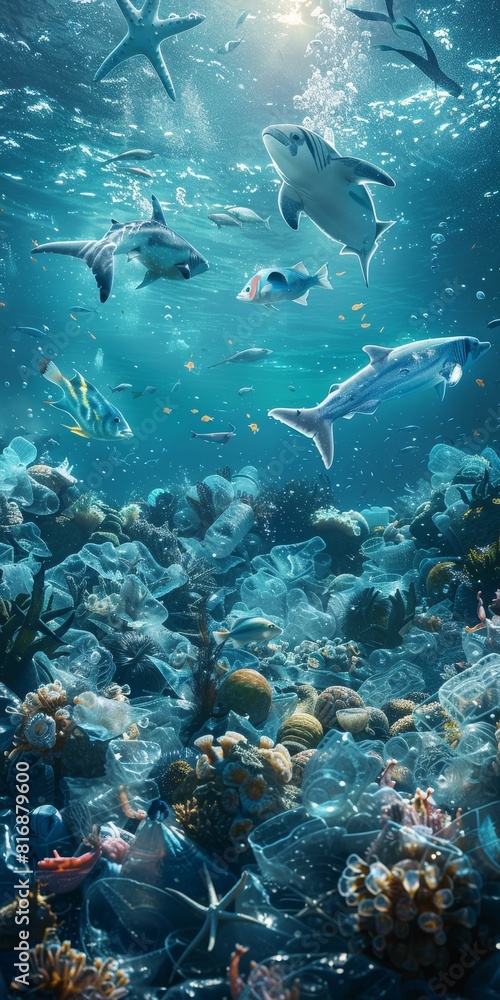 Obraz premium Ocean Conservation and Plastic-free Capture the ethereal underwater world with a selective focus on marine life thriving in a plastic-free environment, using the deep blue sea as a backdrop Theme Mari