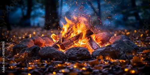 A cozy campfire in a tranquil forest setting during autumn  with glowing embers and fallen leaves creating a warm and inviting atmosphere amidst nature