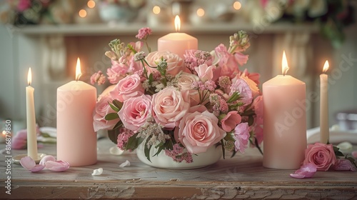 A stunning floral arrangement featuring pink roses and delicate flowers surrounded by softly glowing candles on an elegantly decorated table