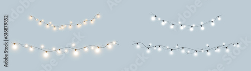 Vector garlands of white and yellow lamps on a transparent background. Festive chain of lights, vector illustration 10 EPS