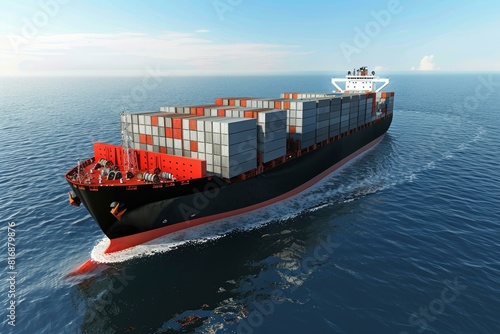 Large container ship loaded with cargo containers sails on the ocean under clear skies