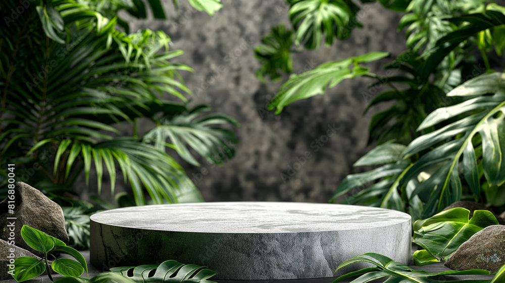 Round gray stone for cosmetics product. Advertising podium stand with tropical leaves background
against textured background. Mockup Round gray stone for cosmetics product. Advertising podium stand with tropical leaves background
against textured background. Mockup
