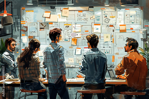 Busy Project Management Office Wall with Plans.