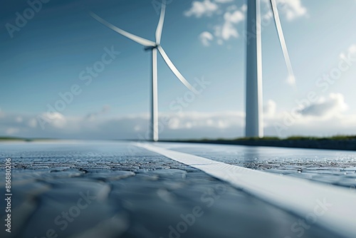 renewable energy and wind power at sea with a close-up view of towering wind turbines at the ocean's edge. Emphasize the powerful scale of renewable energy sources. Use a side view to showcase the tur photo