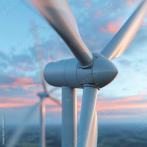 Renewable Energy and Wind Turbines Illustrate the power of renewable energy by focusing on the dynamic movement of wind turbine blades, blurred slightly to show motion, against a backdrop of empty, op