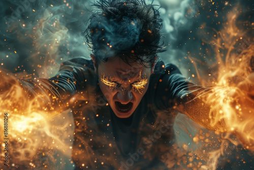 Man Screaming in Dynamic Fiery Explosion. © bajita111122