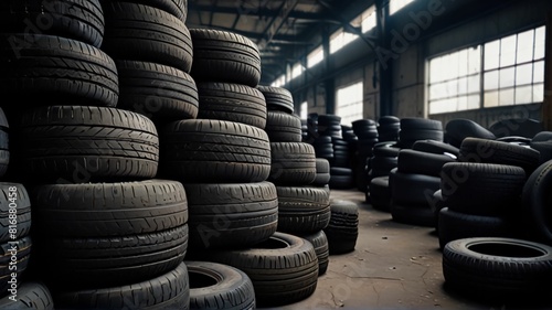 Piles of car tires in factory storage area. Concept Industrial Waste Management, Recycling Practices, Synthetic Rubber Production, Tire Manufacturing Technology