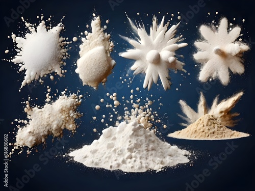 White powder splashed set. Salt, sugar or flour splatter granules collection. Grunge stipple sprayed powder speckles, dots and pieces. Snow, dust or sand textured overlay. Vector specks background Gen