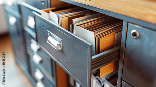 Close-up of an open file drawer in a metal filing cabinet, containing organized folders and documents. The cabinet is part of an office setup, suggesting organization and storage.